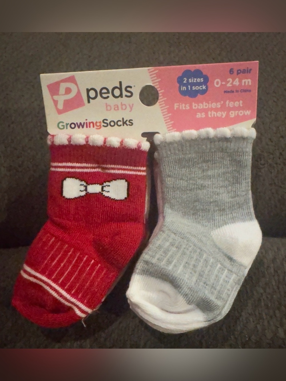 Peds Baby Growing Socks - Red & Gray - 6 Pair-0-25 months